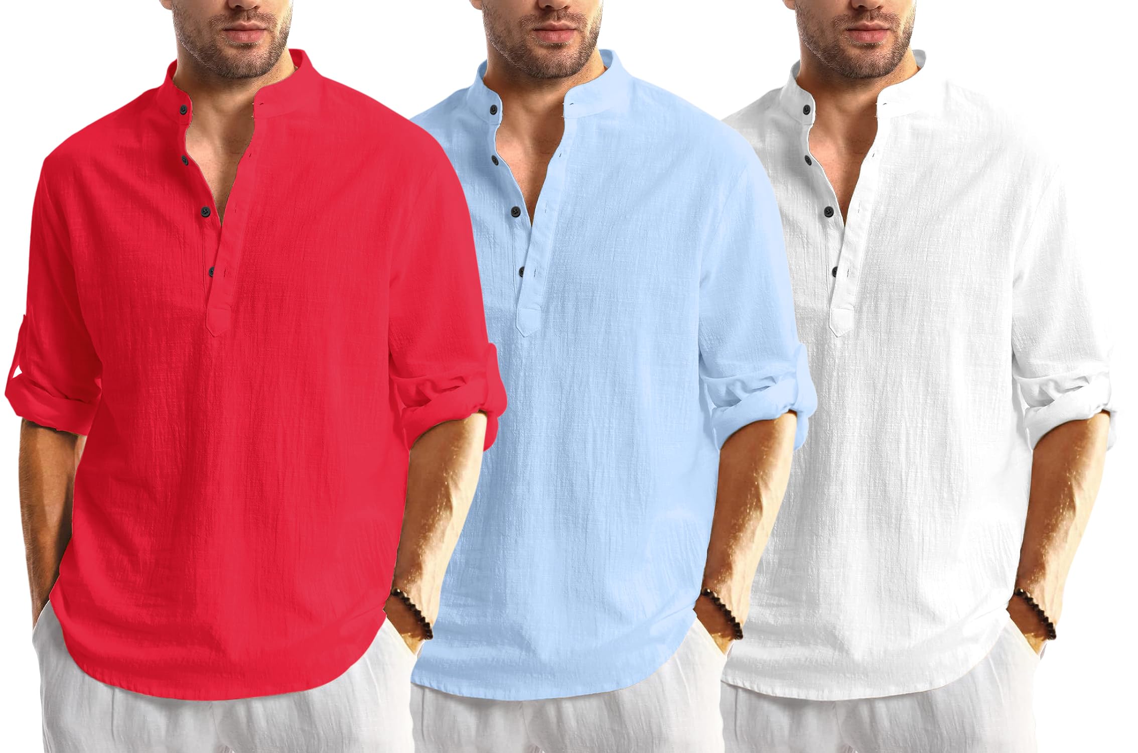Bellstone Mens Cotton Blend Solid Regular Dress Shirt (KURTA1600_Triple_RED-Sky-White_L)