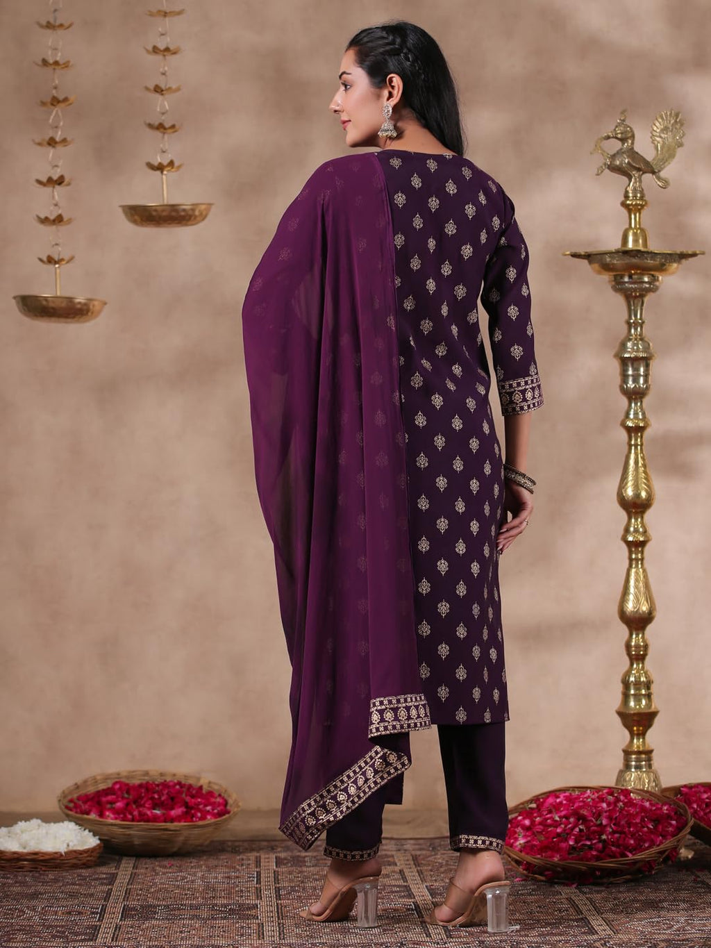 Ishin WomenS Silk Blend Ethnic Motifs Ethnic Motifs Foil Printpurple Straight Kurta Suit Set With Trousers And Dupatta