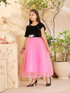 Aarika Girls Pink Colour Self Design Velvet/Net Gown (5-15 Years)