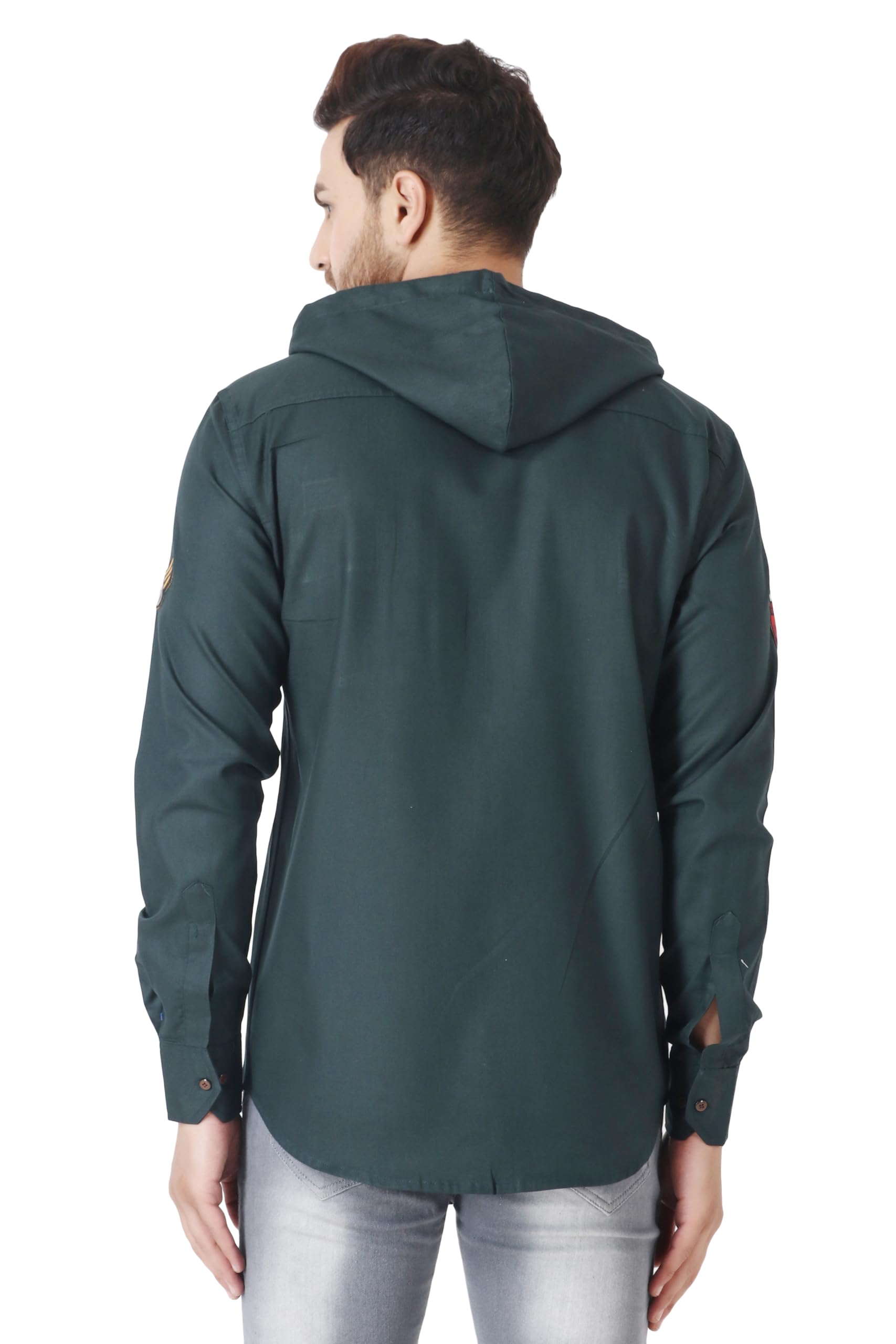 Besix MenS Green Tailored Fit Cotton Blend Shirt For Man With Hoodie - Casual Long Sleeve Shirt With Pockets - Patch Detail For