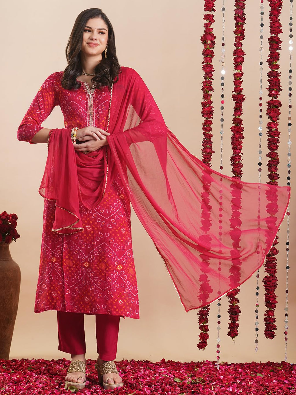 ANNI DESIGNER Women s Rayon Blend Kurta with Pants and Dupatta, Pink, L