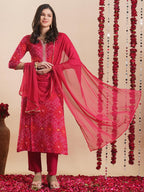 ANNI DESIGNER Women s Rayon Blend Kurta with Pants and Dupatta, Pink, L