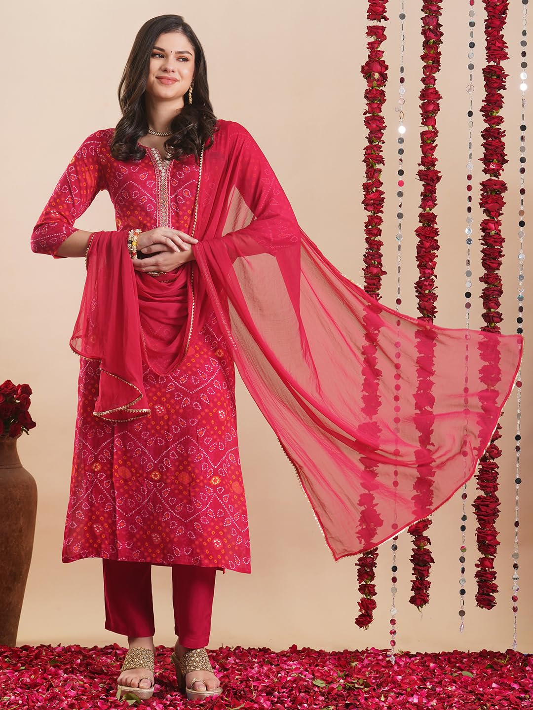 ANNI DESIGNER Women s Rayon Blend Kurta with Pants and Dupatta, Pink, L