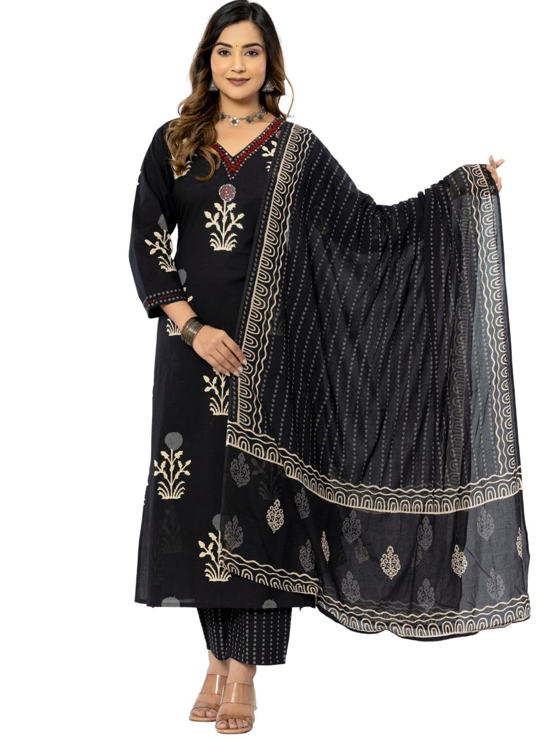 rytras Womens Cotton Printed Straight Kurta with Pant and Dupatta Set(RYT560,Black,XXL)