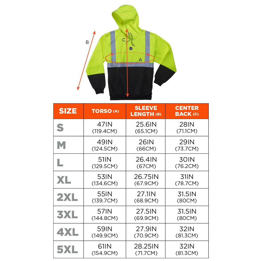 GloWear 8293 Type R Class 2 Front Hooded Sweatshirt - Extra Large (XL) Size Hood Collar - Black, Lime - Polar Fleece