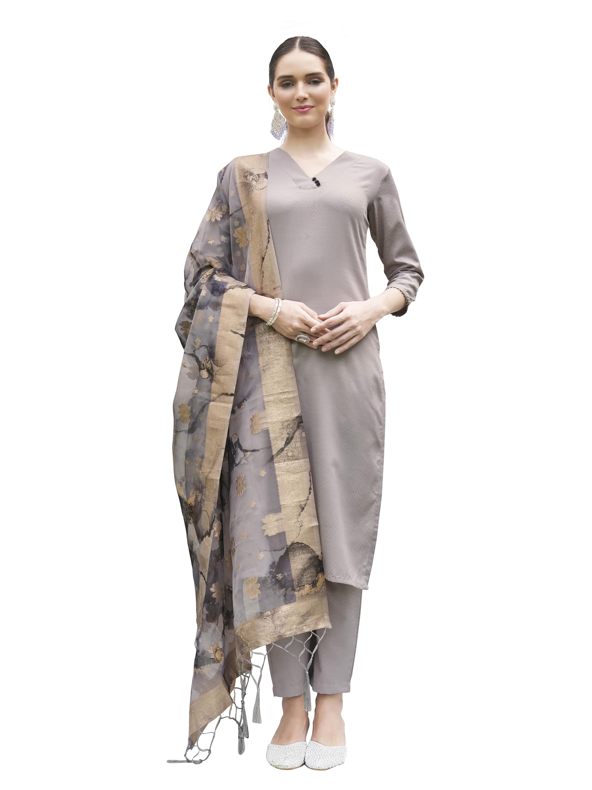 Womanista Women'S Grey Poly Silk Straight Kurta And Pants With Printed Dupatta (Kurtaset_1327_Xl)