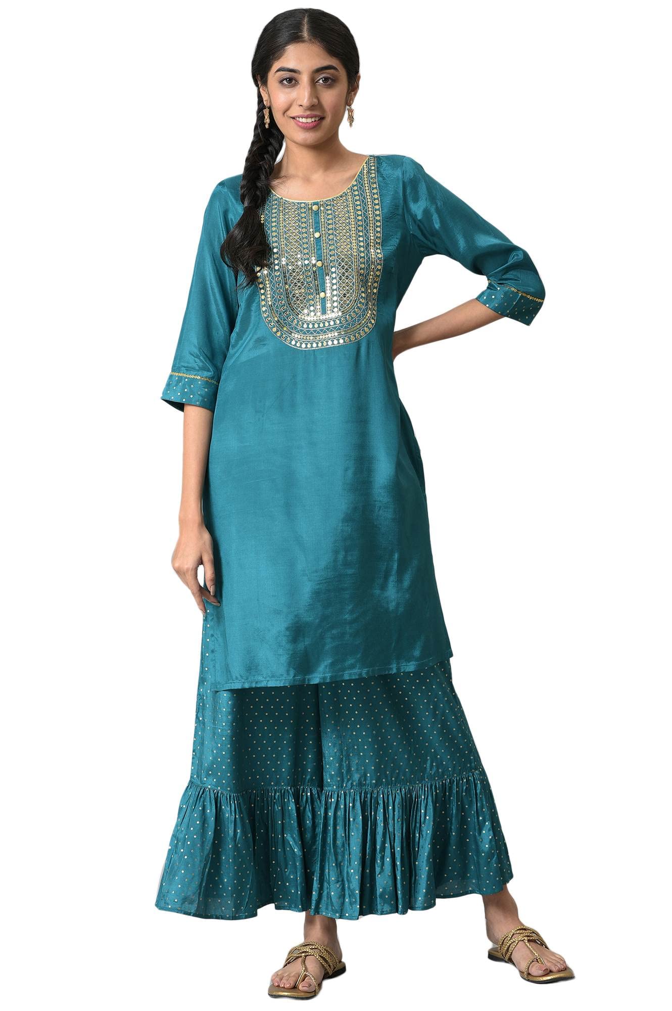 Aurelia Women Green Shantung Liva Kurta With Gathered Sharara_22Auas13518-604762_S