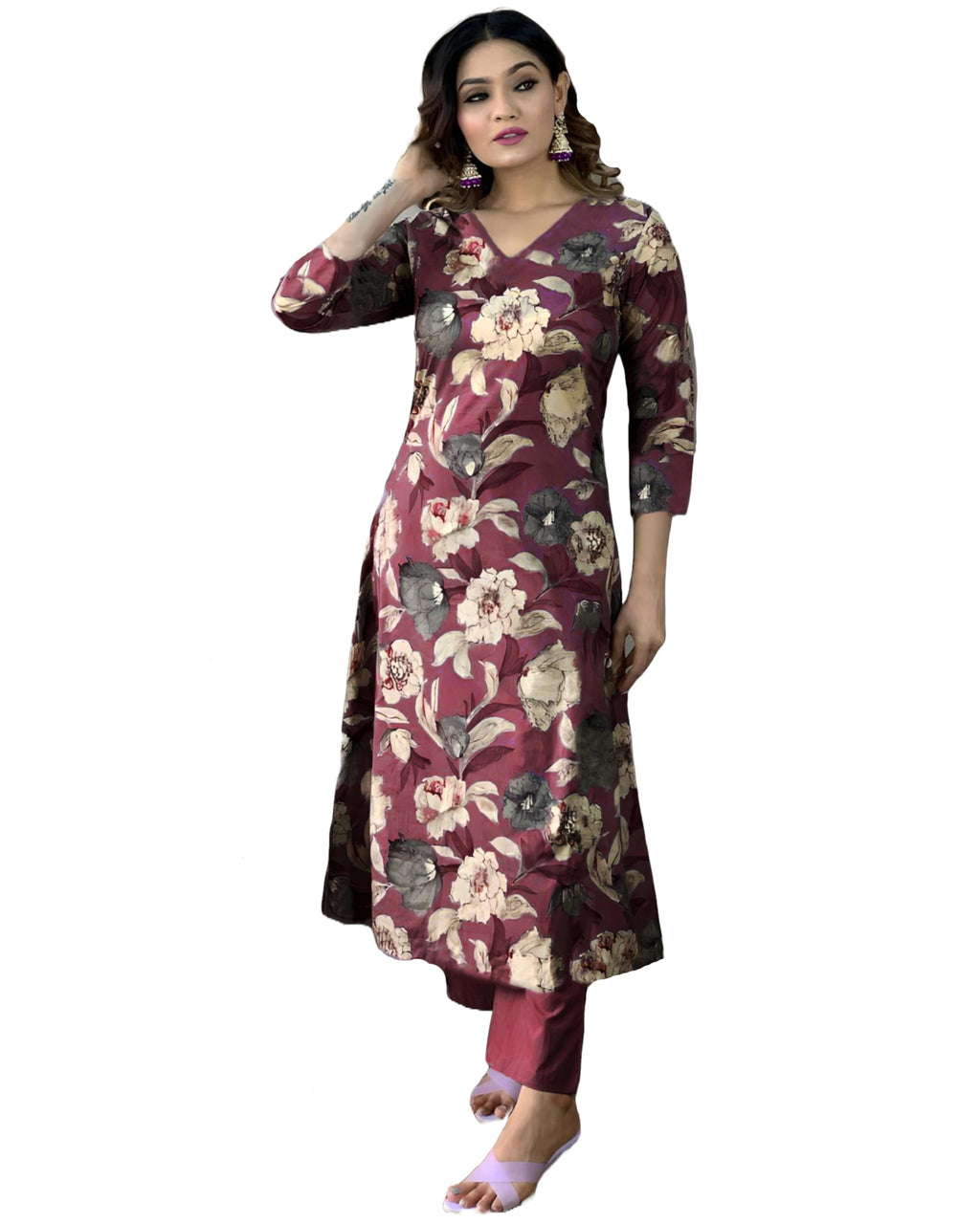 ANNI DESIGNER Womens Cotton Blend Straight Printed Kurta with Pant (DHUN WINE_XXL_Wine_XX-Large)