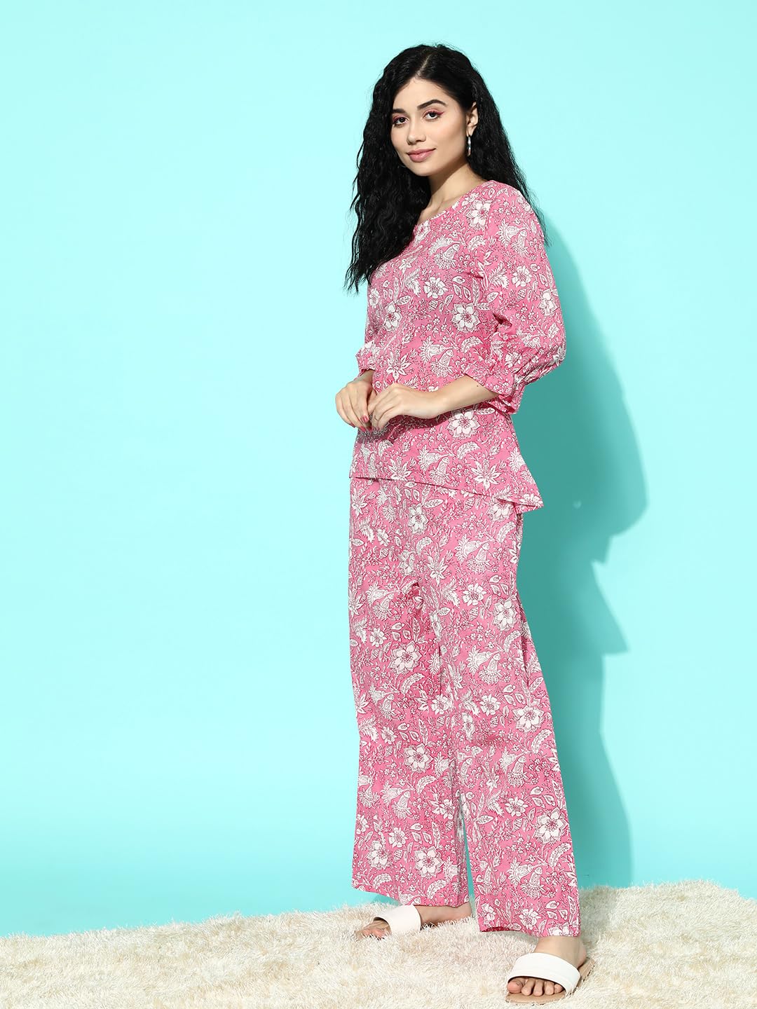 Libas Womens Printed Cotton Night Suit Set For Women Pink