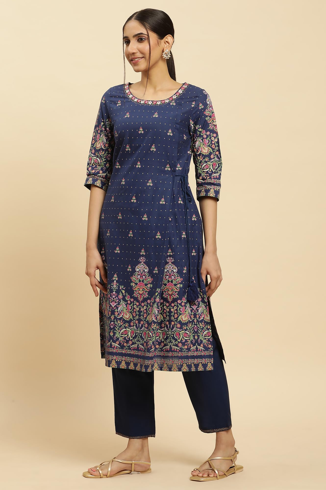 W For Woman Blue Floral Printed Cotton Khadi Straight Long Kurta
