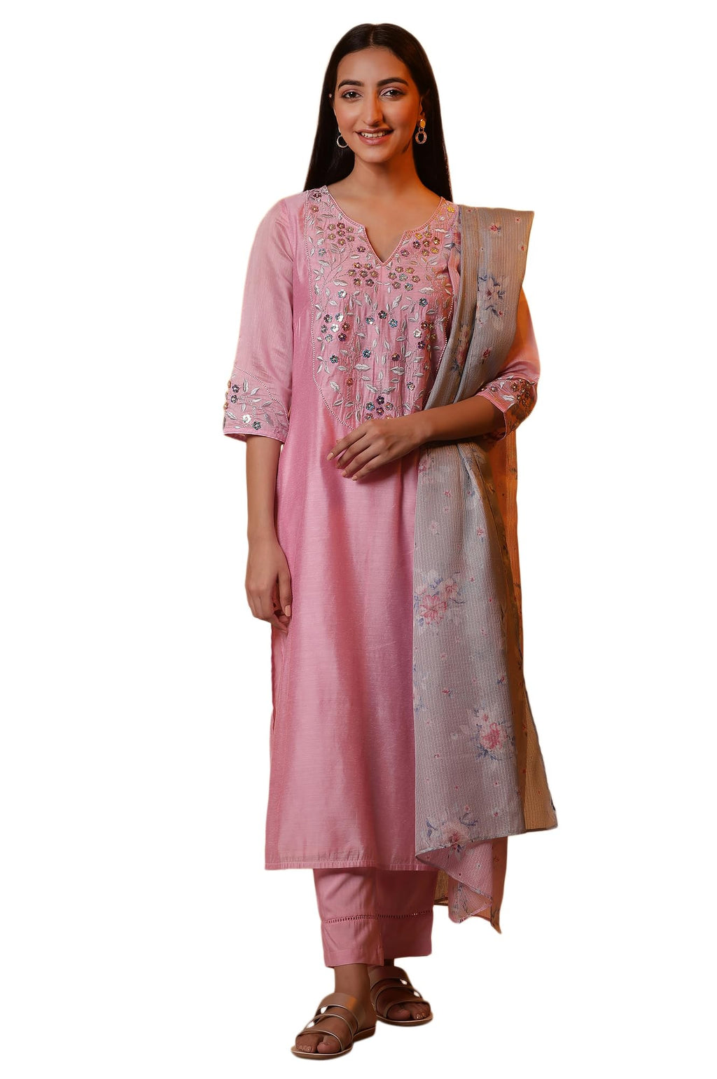 Aurelia Pink Embroidered Festive Kurta, Trousers And Dupatta Set (Size: M)-24Feas15111-704738