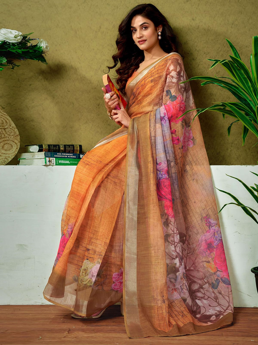 Satrani WomenS Linen Zari Border Printed Ready To Wear One Minute Pre Pleated Readymade Saree With Unstitched Blouse Piece (33R