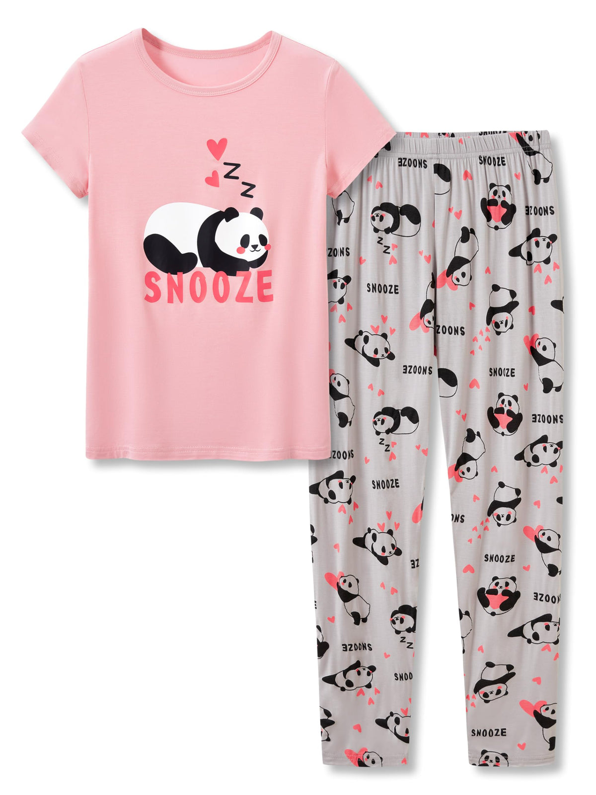 Tebbis Little & Big Girls Striped & Cat Pajama Set  Soft Modal Fiber 2Piece Summer PJs in Sizes 618, Pink & Gray Panda (Tee & 14