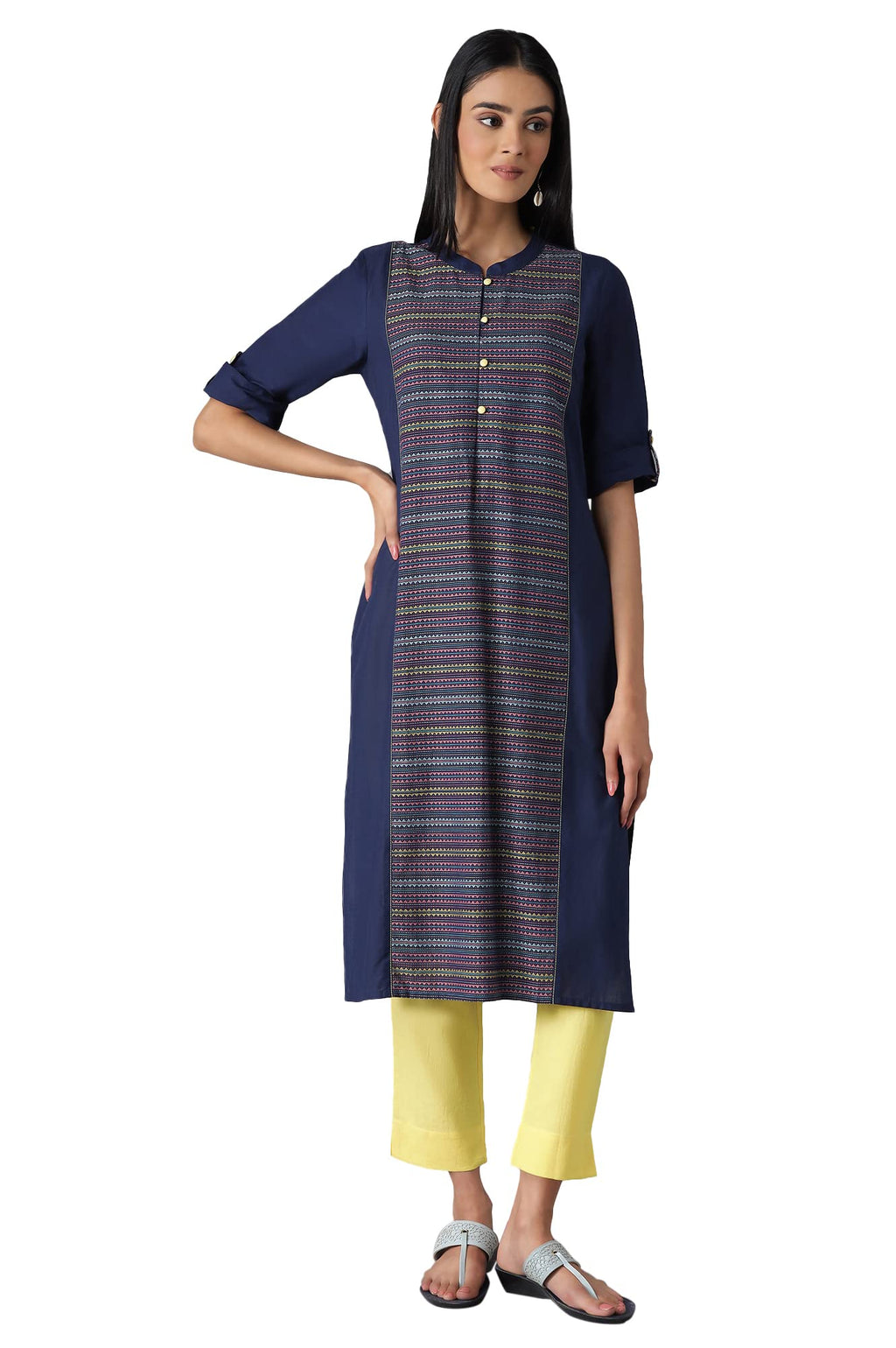 Aurelia Women'S Cotton Geometric Regular Kurta (22Fea12863-701906_Navy_M)