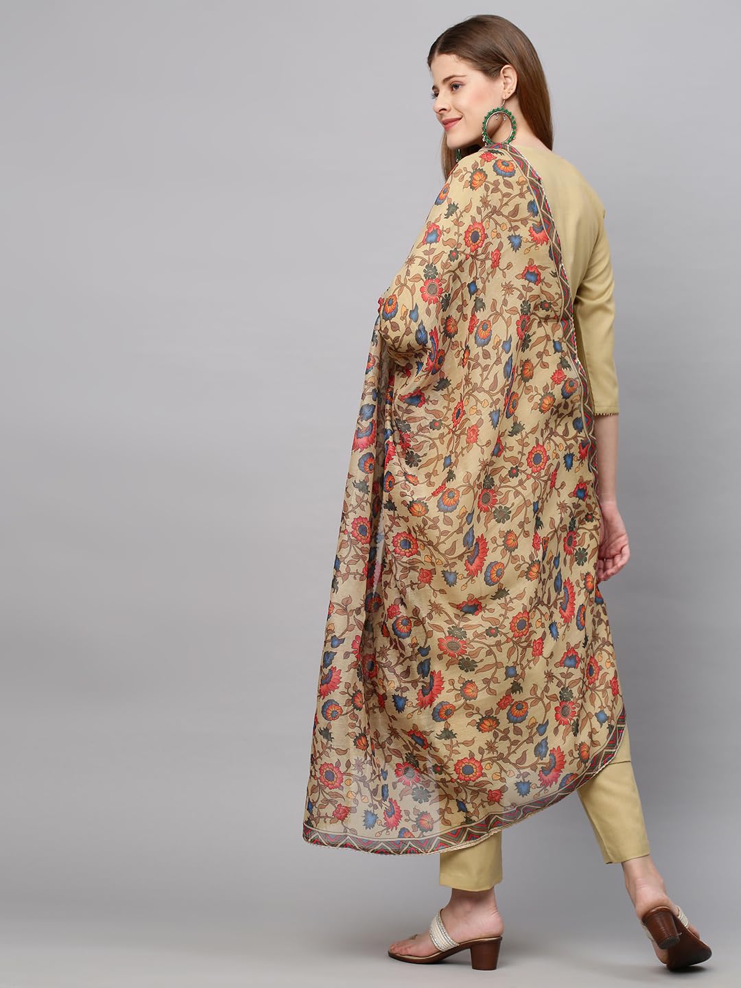 ANNI DESIGNER Womens Cotton Blend Straight Printed Kurta with Pant & Dupatta (Authentic Beige_L_Large_Beige)