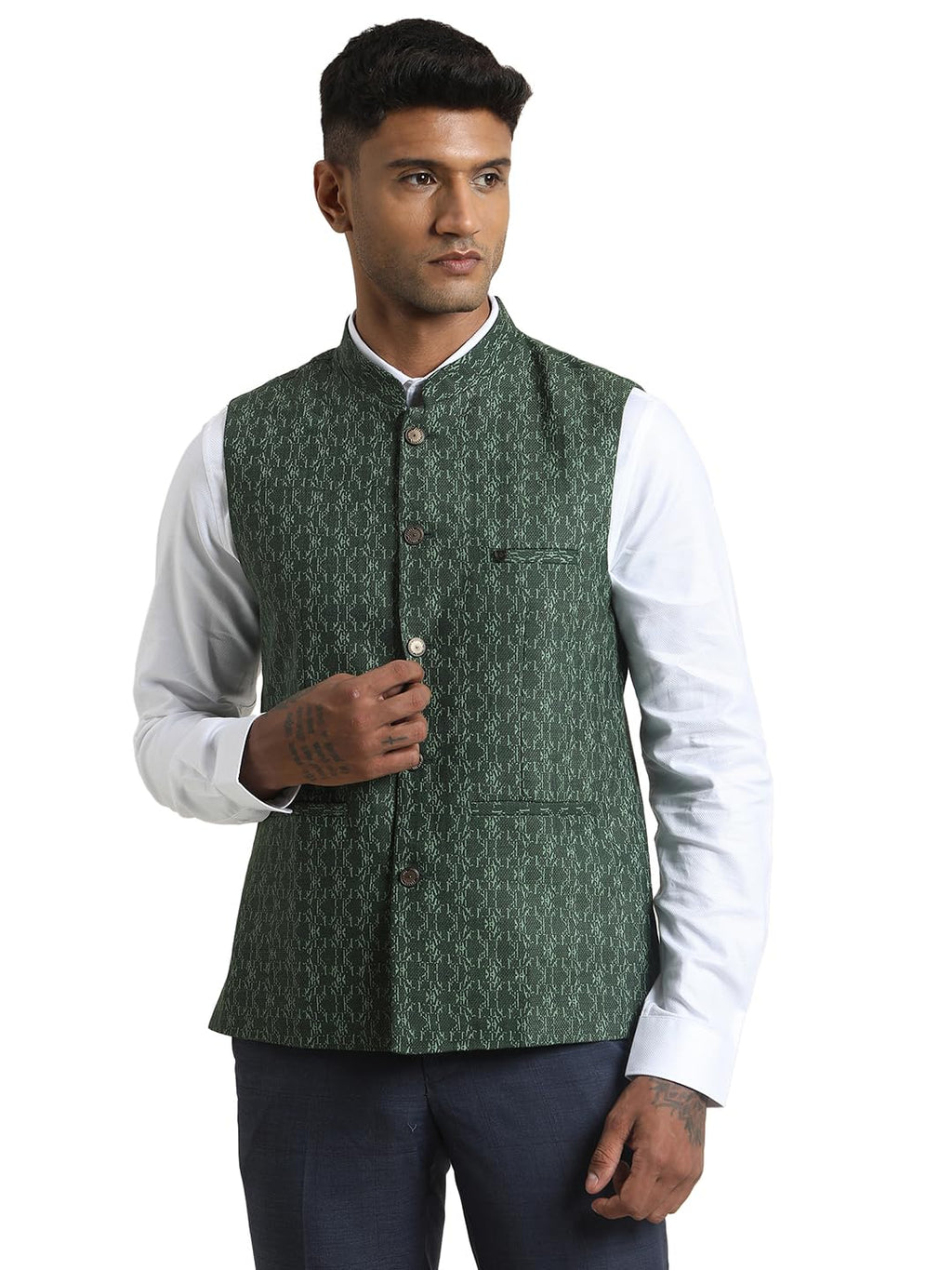 Turtle Men Green Terry Rayon Dobby Formal Nehru Jacket