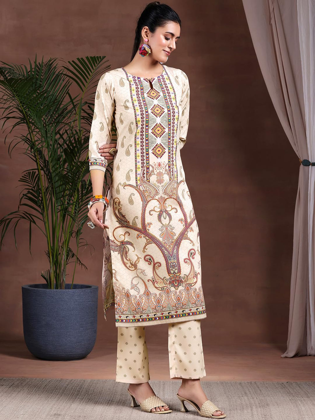 Libas WomenS Poly Crepe Printed Kurta Set (39003 Beige