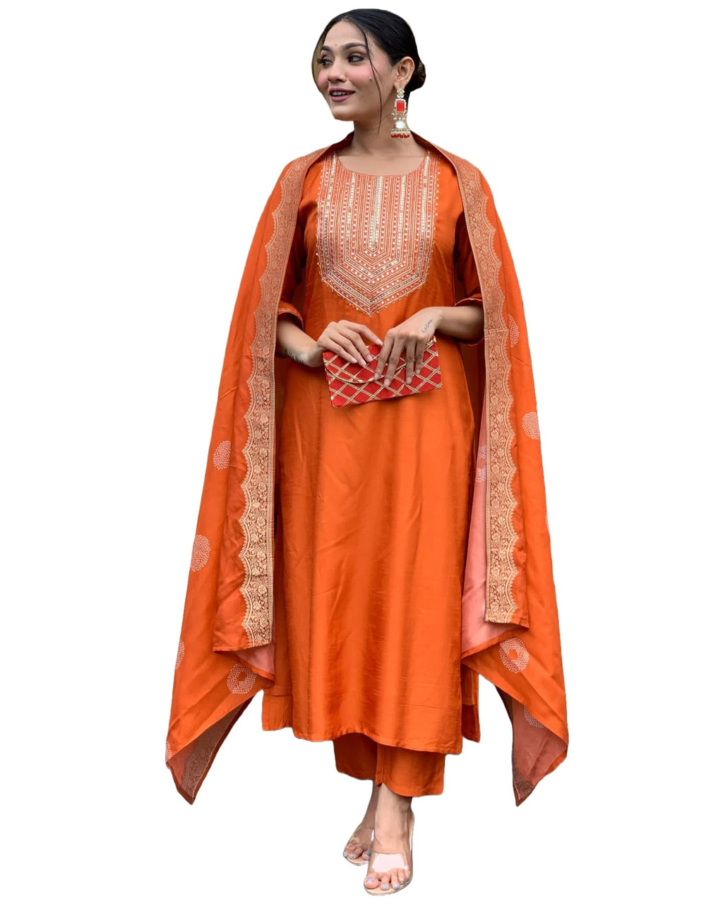 ANNI DESIGNER Womens Rayon Blend Embroidered Straight Kurta with Pant & Dupatta (PUNEETA Orange_XL_Orange_X-Large)