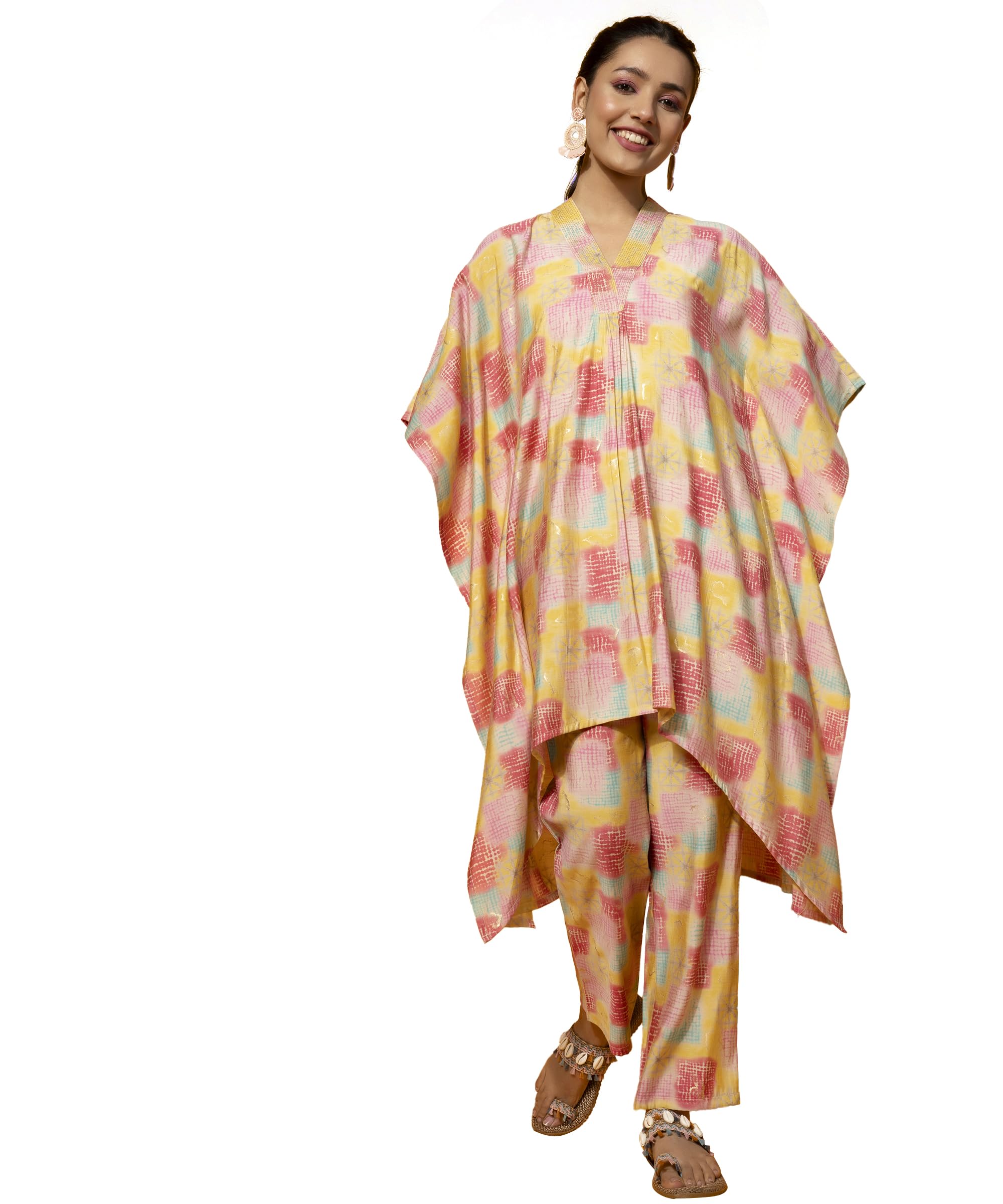 Libas WomenS Silk Blend Printed 3/4 Sleeve Co-Ords (Pack Of 2) (35508_Yellow