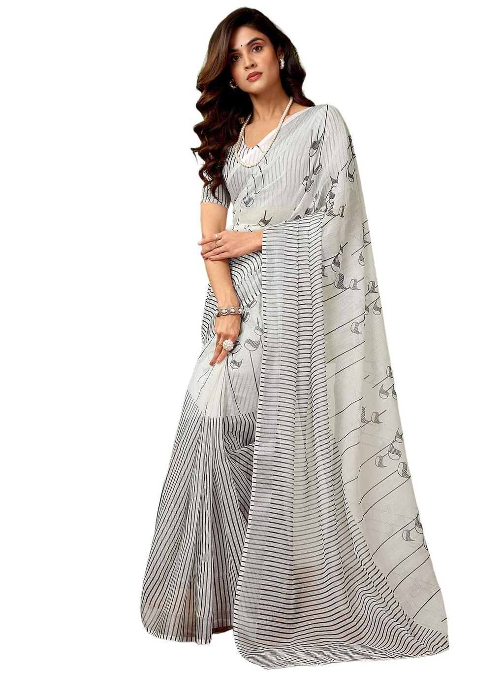 Satrani WomenS Linen Zari Border Printed Ready To Wear One Minute Pre Pleated Readymade Saree With Unstitched Blouse Piece (33R
