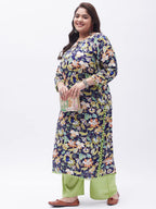 Tissu WomenS Plus Size Blue & Green Printed Kurta With Palazzo