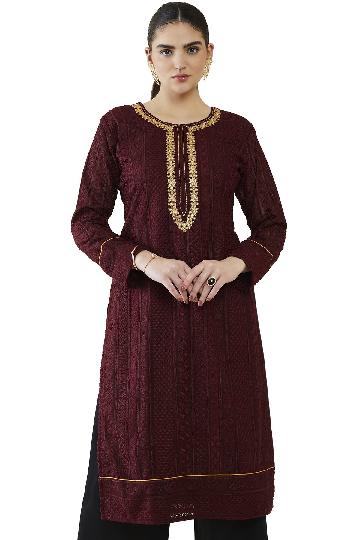 Soch Women Maroon Georgette Embroidered Kurta(Maroon_Xl)