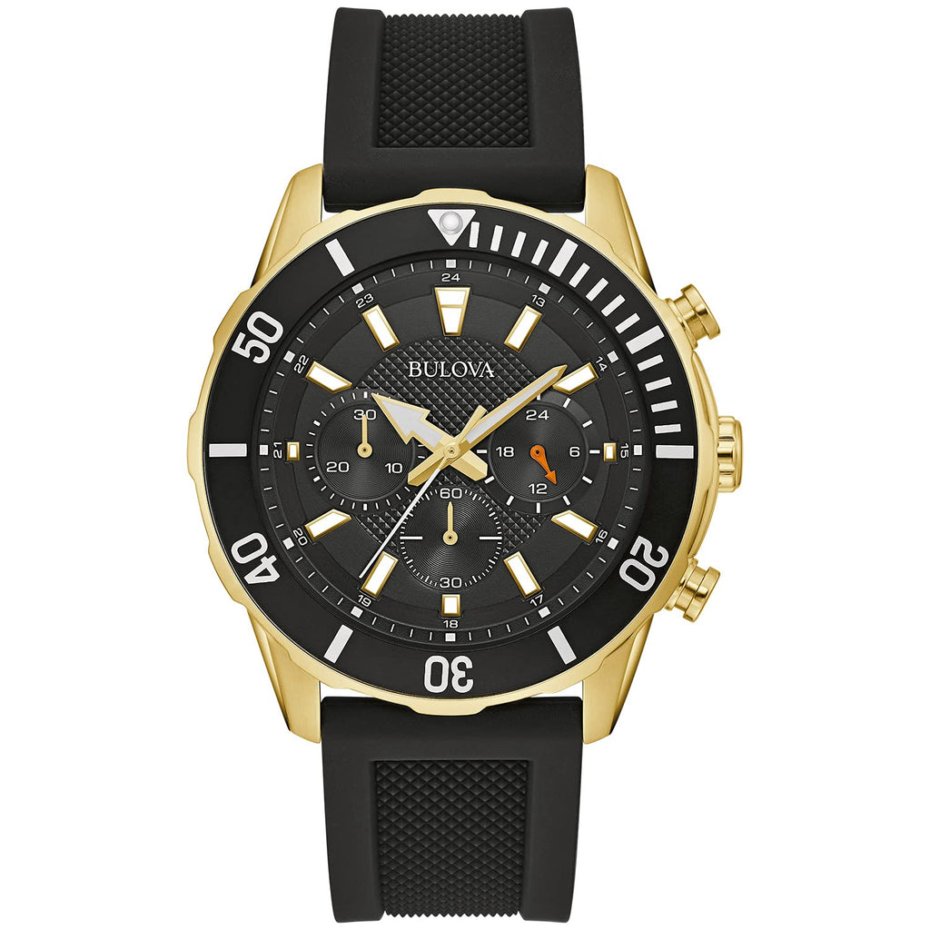 Bulova Men's Sport 6-Hand Chronograph Quartz Watch with Silicone Strap, 24 Hour Time, Calendar Date, Luminous Hands and Markers,