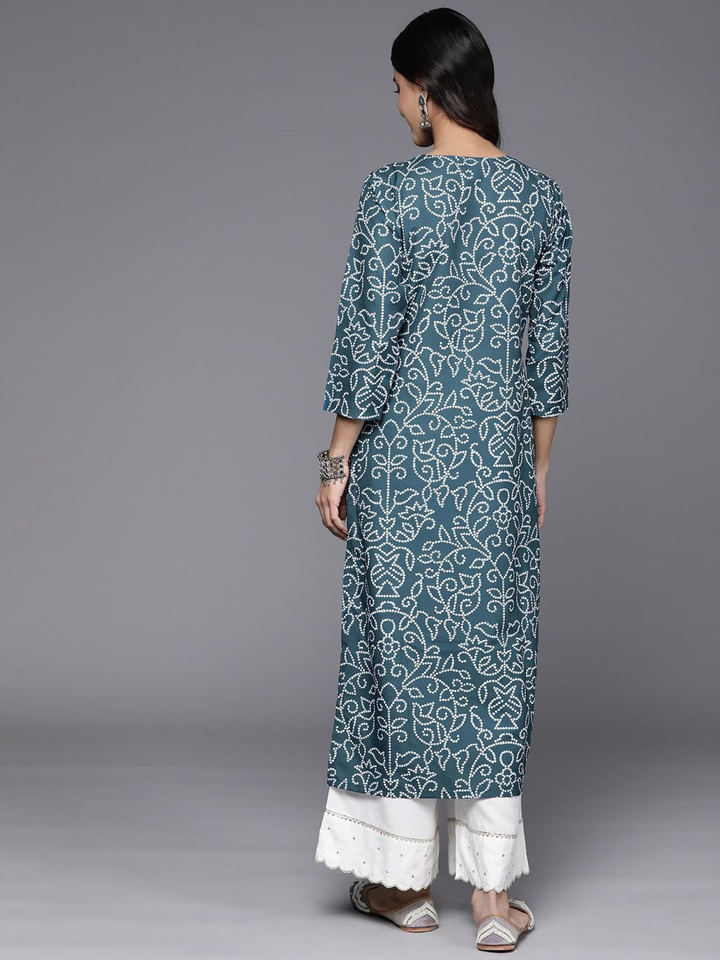 Blue Bandhani Printed, Three Quarter Sleeve, Round Neck With Drawstring, Embellished With Gotta, Side Slit Straight Kurta
