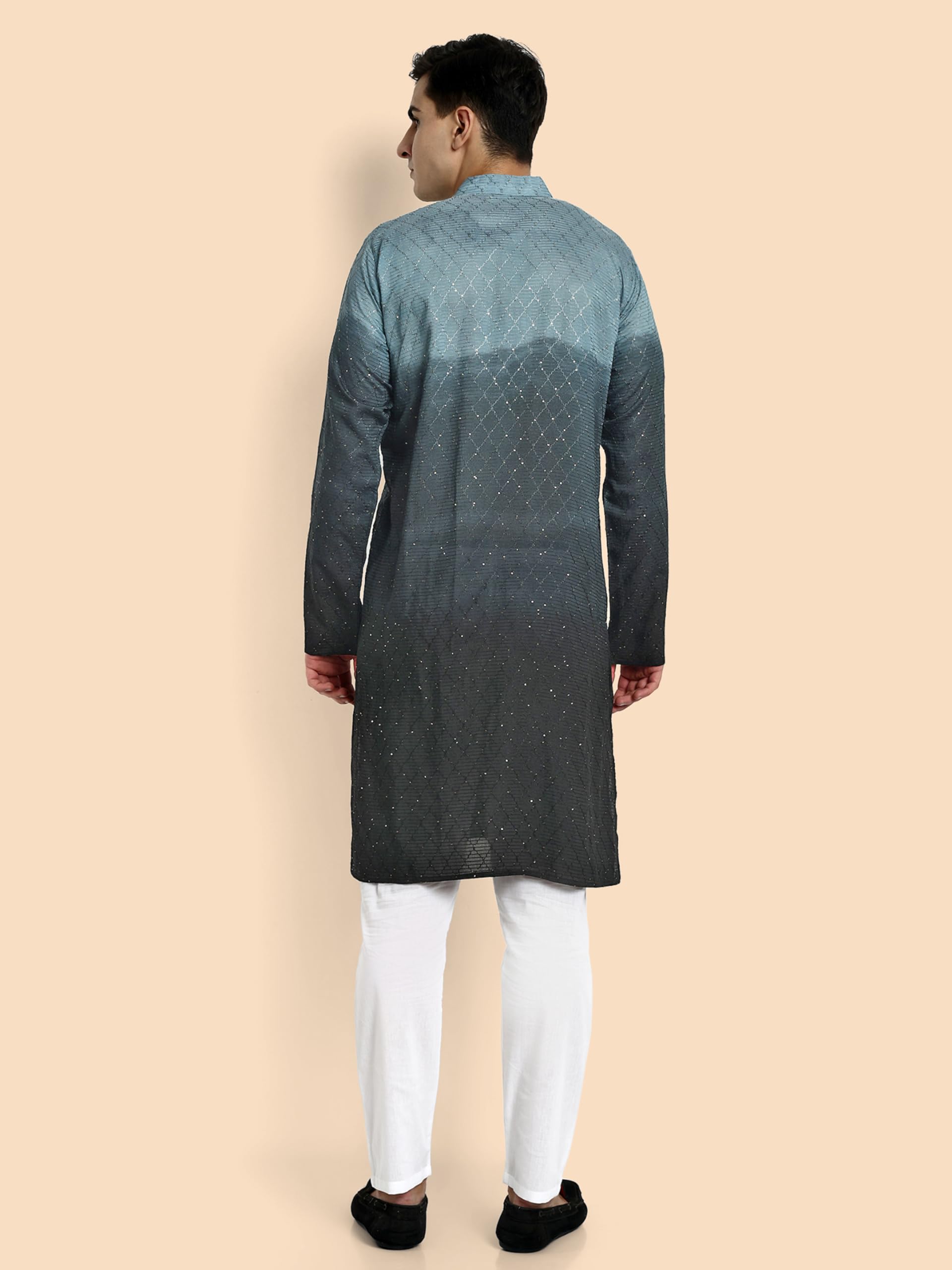 Vardha MenS Cotton Chikankari Embroidered And Sequence Full Sleeve Knee Length Casual Kurta For All Occations Like Wedding, Off