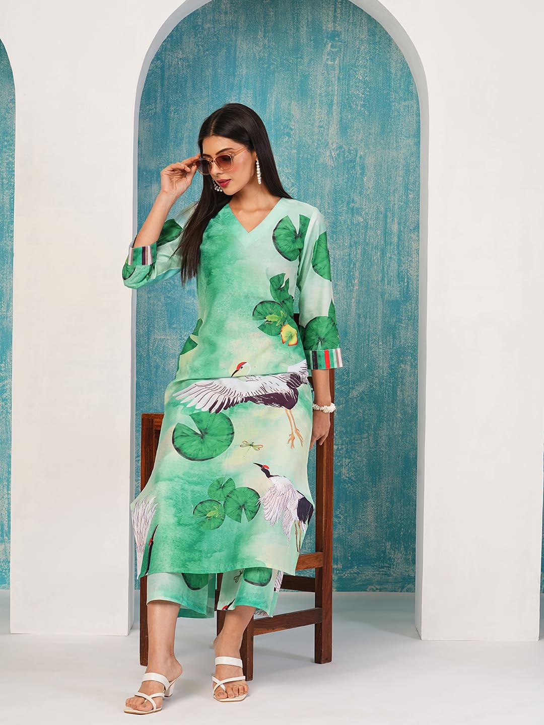 ANNI DESIGNER Women s Cotton Blend Kurta with Palazzo, See Green, XL