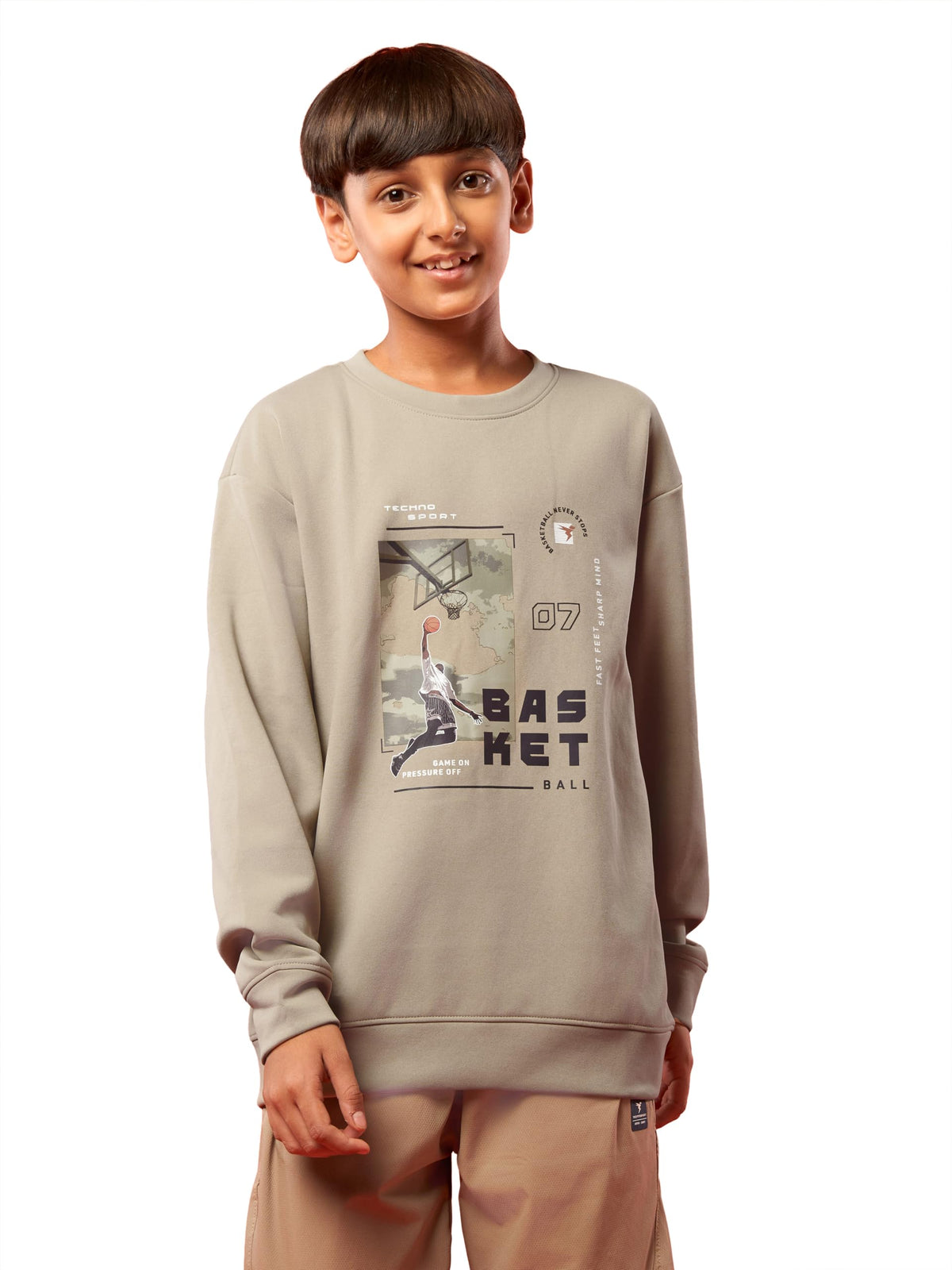 TECHNOSPORT Boys Regular Fit Graphic Print Crew Neck Full Sleeve Sweatshirt for Casual & Regular Use  (BTBM12OGY_Oyster Gray_1 13-14