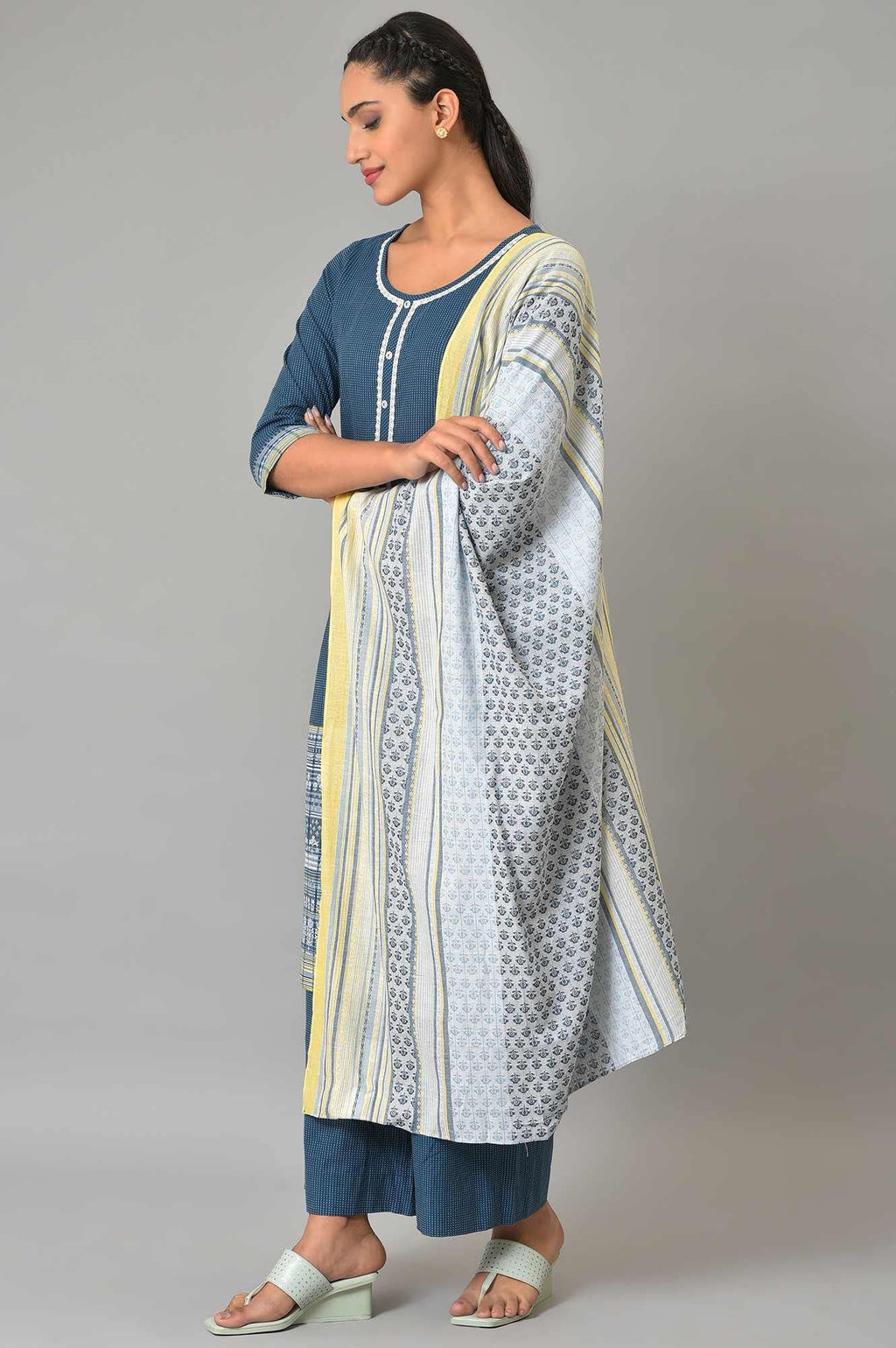 Aurelia Geometric Printed Cotton Navy Kurta Dupatta Bottomwear Set For Women