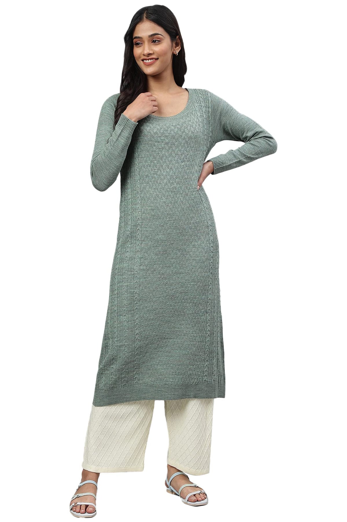 Aurelia Women Kashmir Mix Acrylic Solid Yarn Dyed Straight Kurta_22NOA13535-604376_S Green