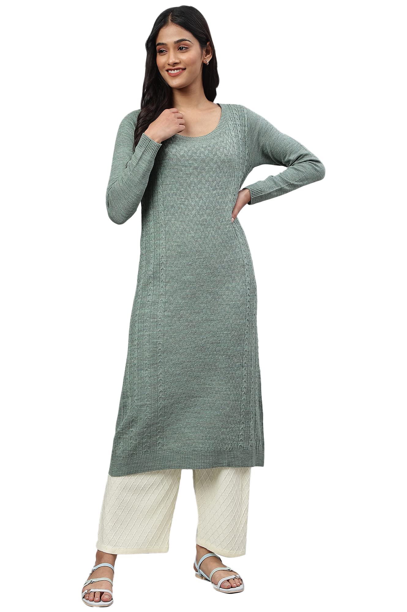 Aurelia Women Kashmir Mix Acrylic Solid Yarn Dyed Straight Kurta_22Noa13535-604376_Xl Green