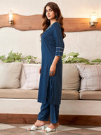 Sanisa Women'S Cotton Blend Sequence Embroidery Straight Kurta With Pant And Dupatta Set