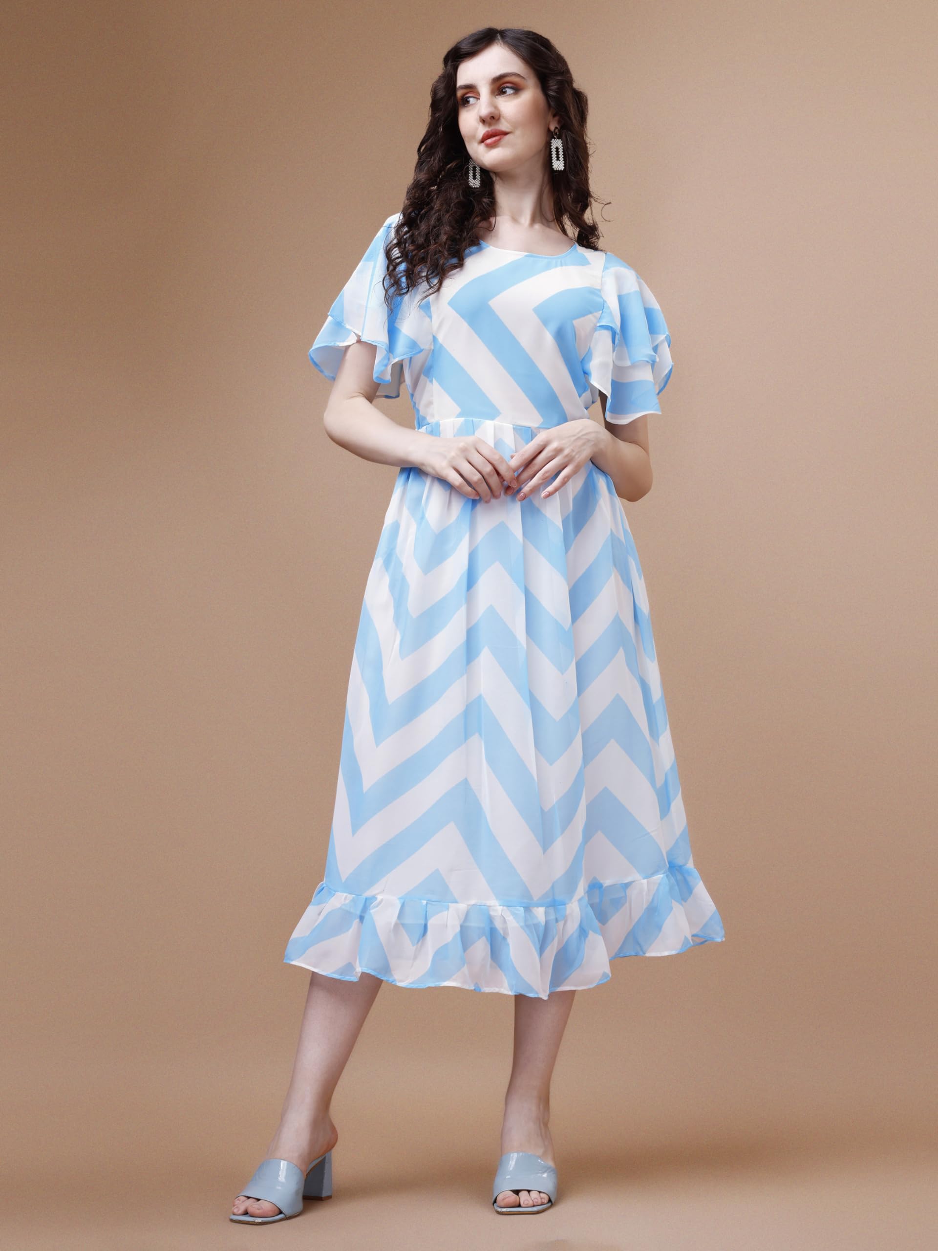 Trillmixa WomenS Stylish Georgette Fit And Flare Knee-Length Printed Midi Dress (Pastle) Light Blue