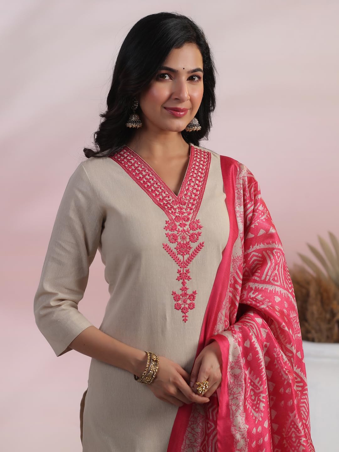ANNI DESIGNER Women s Rayon Blend Kurta with Trousers and Dupatta, Pink, 44