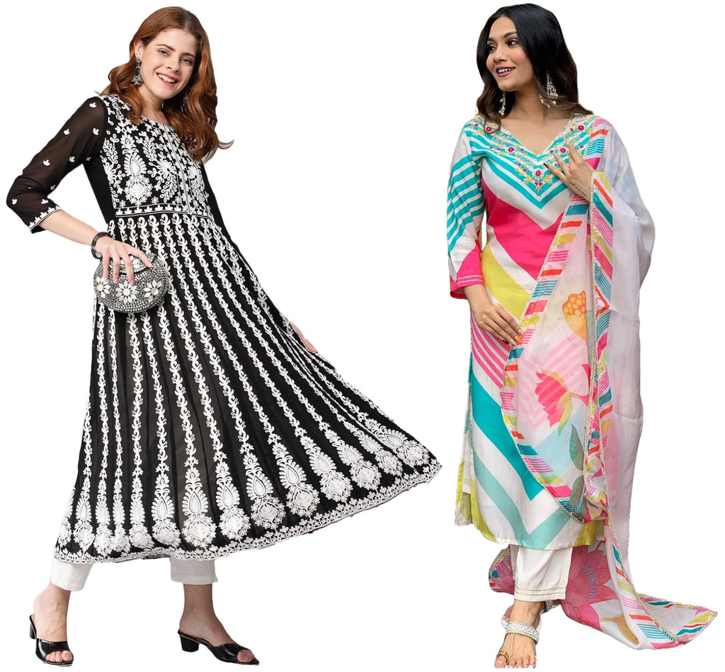 ANNI DESIGNER Ladies Cotton Blend Dupatta Kurta & Trousers - Pack of 2, multi-coloured, XXL