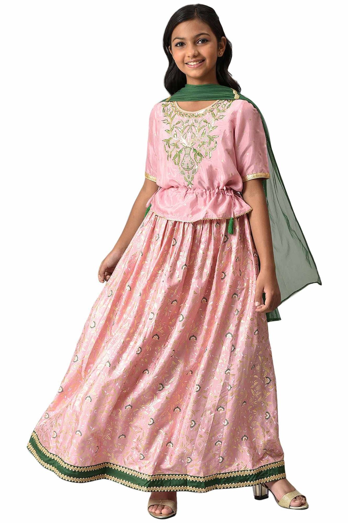 Aurelia Girls Viscose Top & Skirt & Dupatta (22AUG10281A-506193_Pink