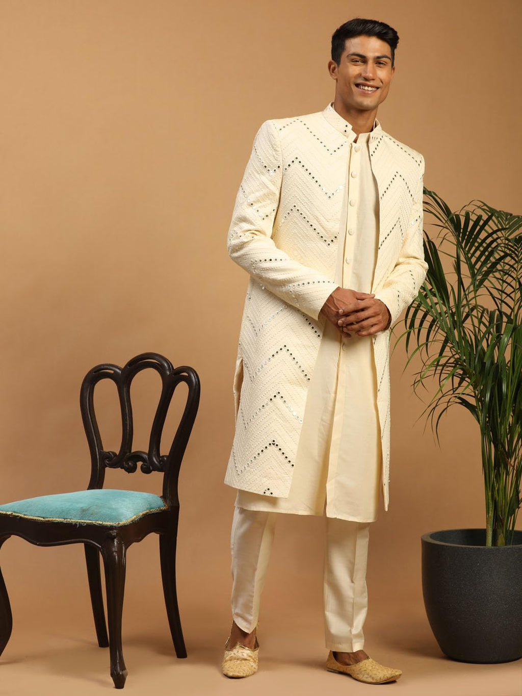 VASTRAMAY Mens Cream Viscose Sherwani Set | Set Of Layered Mirror Work Front Open Sherwani Set With Pant Style Pyjama