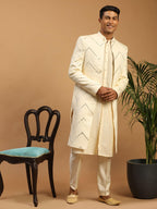 VASTRAMAY Mens Cream Viscose Sherwani Set | Set Of Layered Mirror Work Front Open Sherwani Set With Pant Style Pyjama