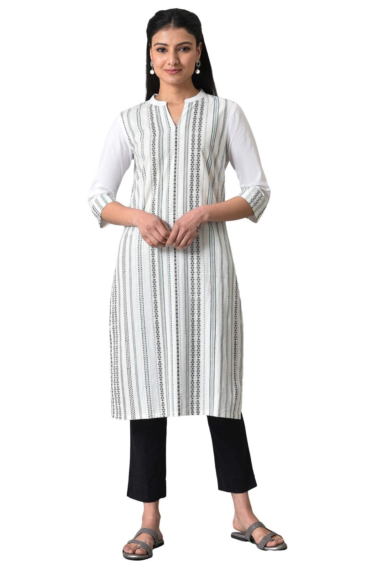 White Geometric Printed Summer Kurta