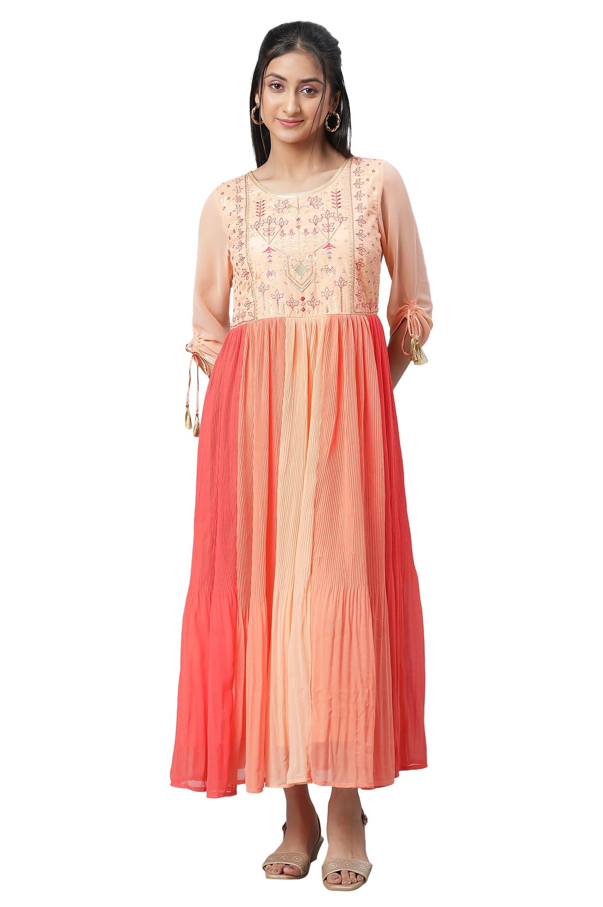 Aurelia WomenS Polyester Fit And Flare Ankle Length Dress (23Fea14006-605628_Peach Nectar