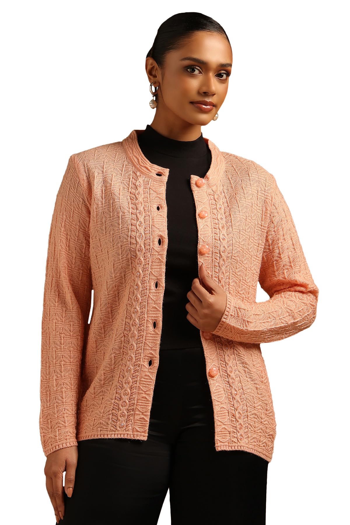 Soch Women Acrylic Knitted Cardigan with Beads and Stones