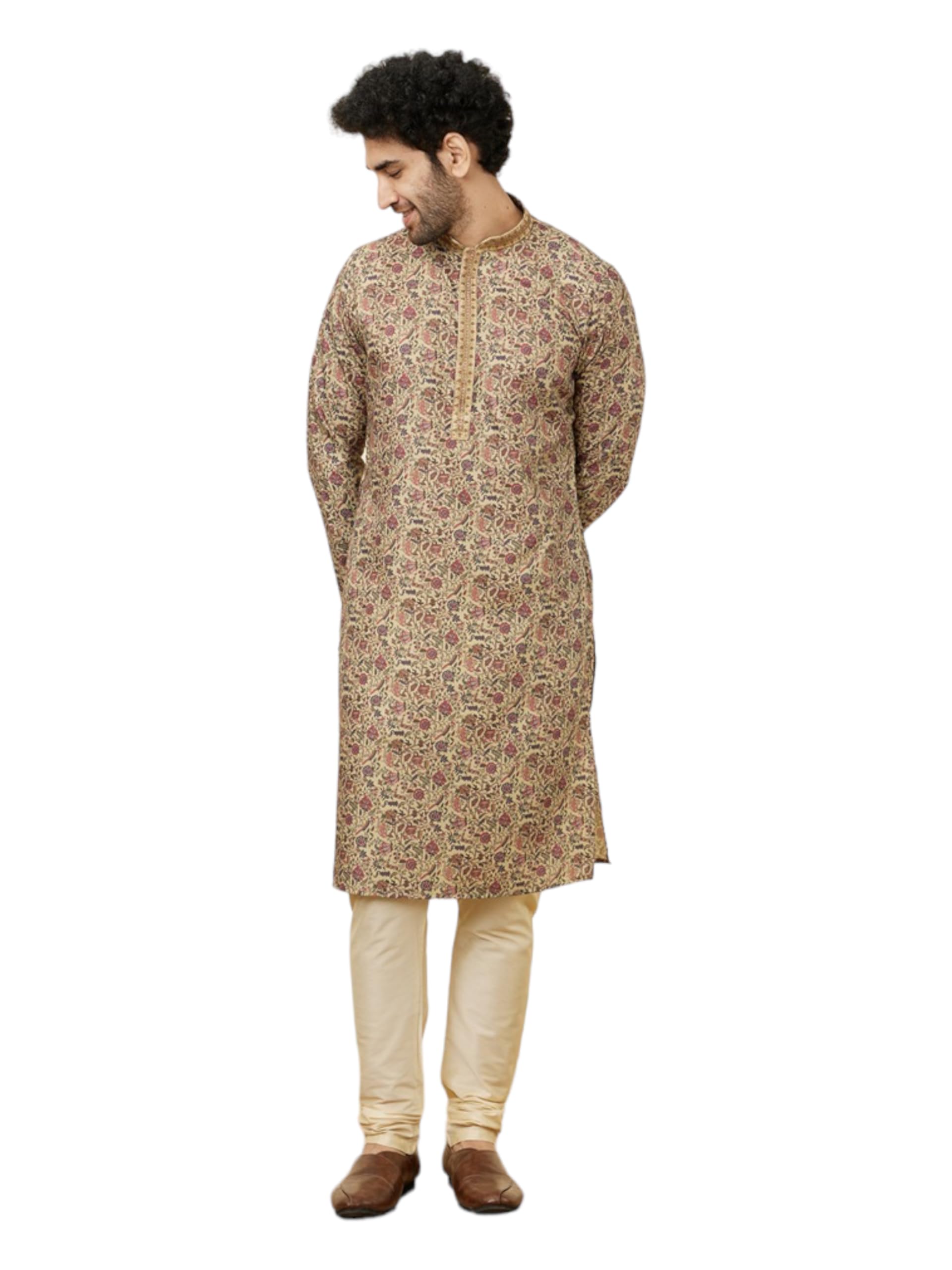 Manyavar Mens Beige Cotton Kurta Churidar Set