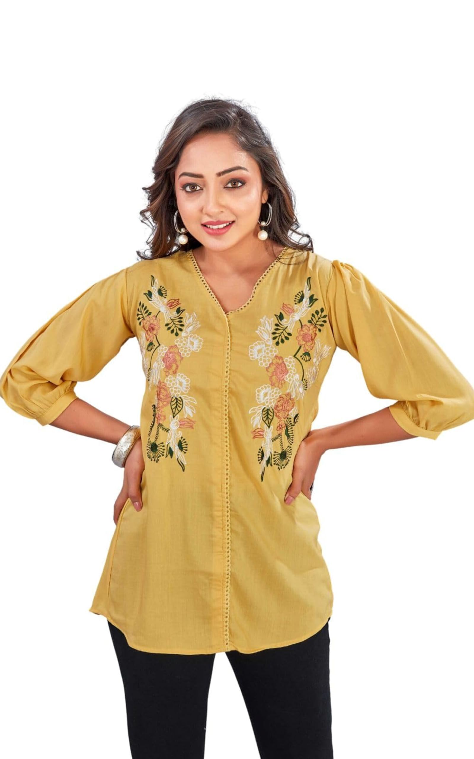 WomenS Embroidered V-Neck Tunic Top | Voscos Rayon 3/4 Balloon Sleeves Tunic For WomenS | Floral Design Casual Wear Top (In, A