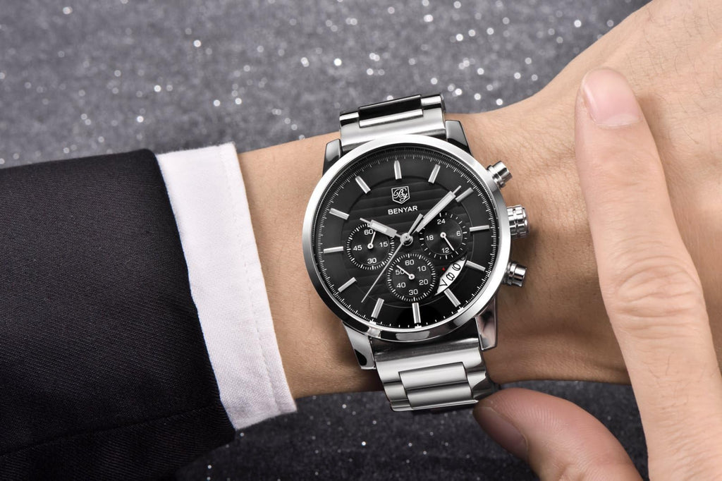 BENYAR Chronograph Waterproof Watches Business and Sport Design Black Leather Band Strap Wrist Watch for Men (Brown Silver Black