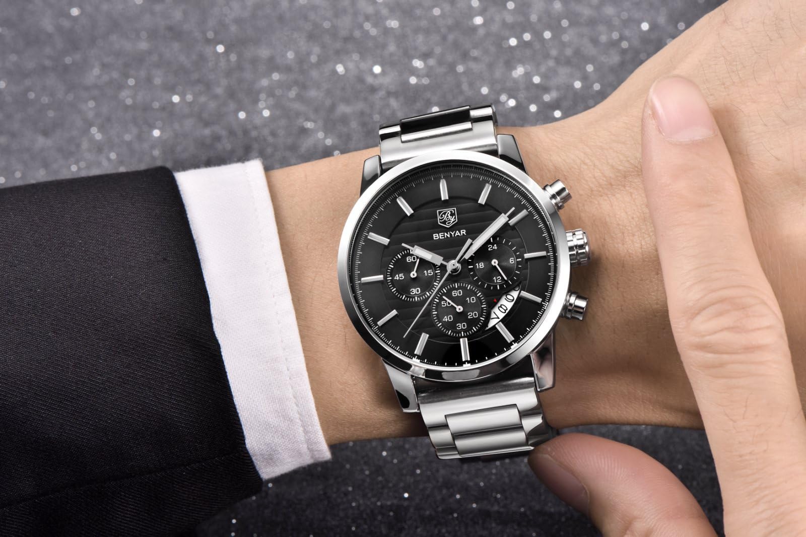 BENYAR Chronograph Waterproof Watches Business and Sport Design Black Leather Band Strap Wrist Watch for Men (Brown Silver Black