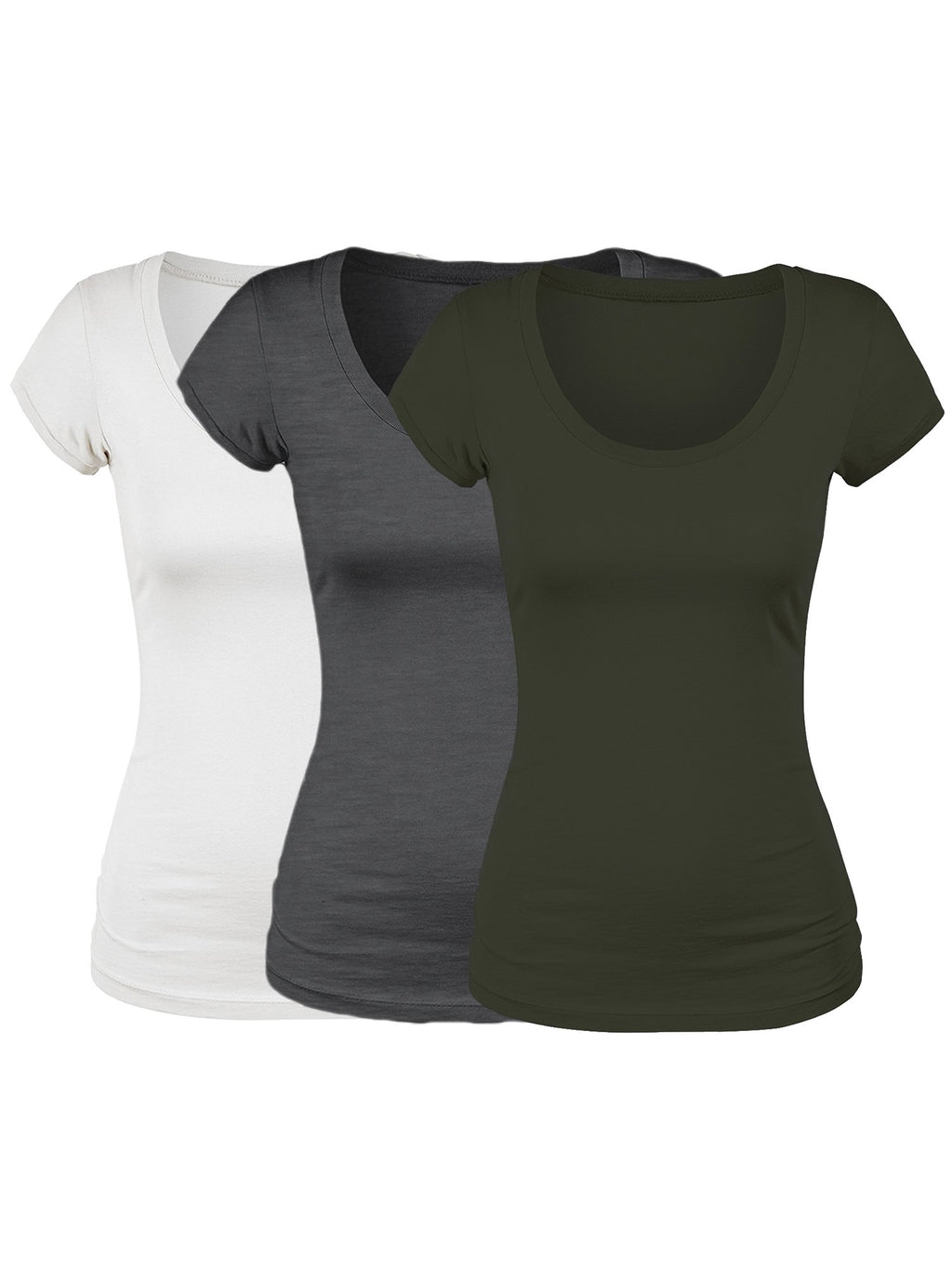 Emmalise Women's Short Sleeve Tshirt Scoop Neck Tee Value Set (3Pk, Olive, Wht, HthChrl, Medium)