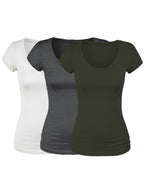Emmalise Women's Short Sleeve Tshirt Scoop Neck Tee Value Set (3Pk, Olive, Wht, HthChrl, Medium)
